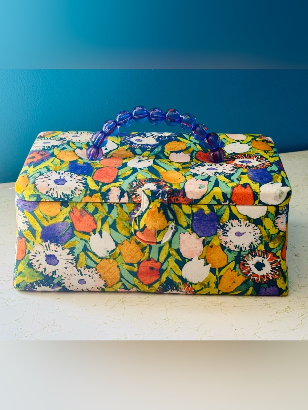 Vintage Floral Tulip Beaded Handle Sewing Box Purse